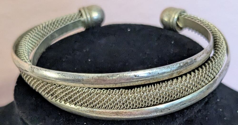Vintage Silver Woven Mesh BypassCuff Bracelet Double Strand Ball End Torq Bangle